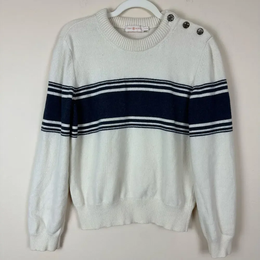 Tory Burch Womens Wool Sweater Size XL Striped Nautical Preppy Old Money Coastal